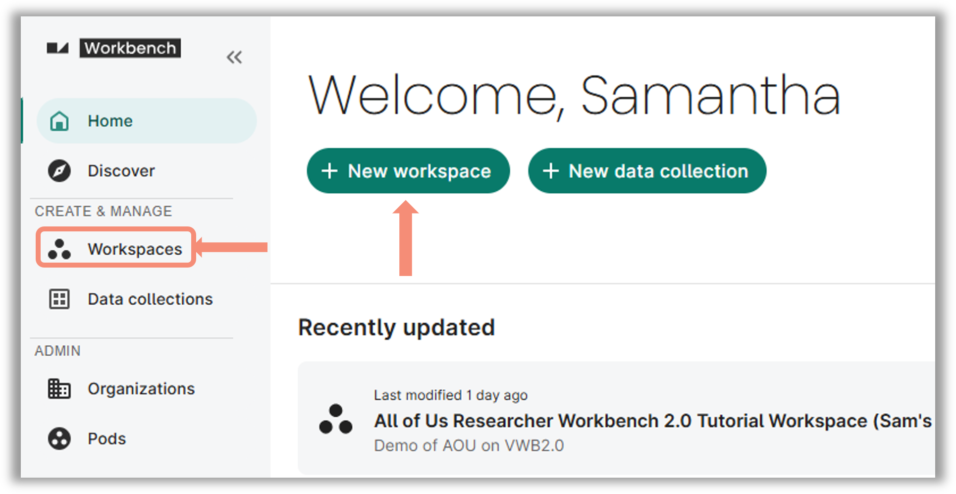 The green “+ New workspace” button is displayed to the upper right of the lefthand navigation bar on the Verily Workbench landing page after you sign in