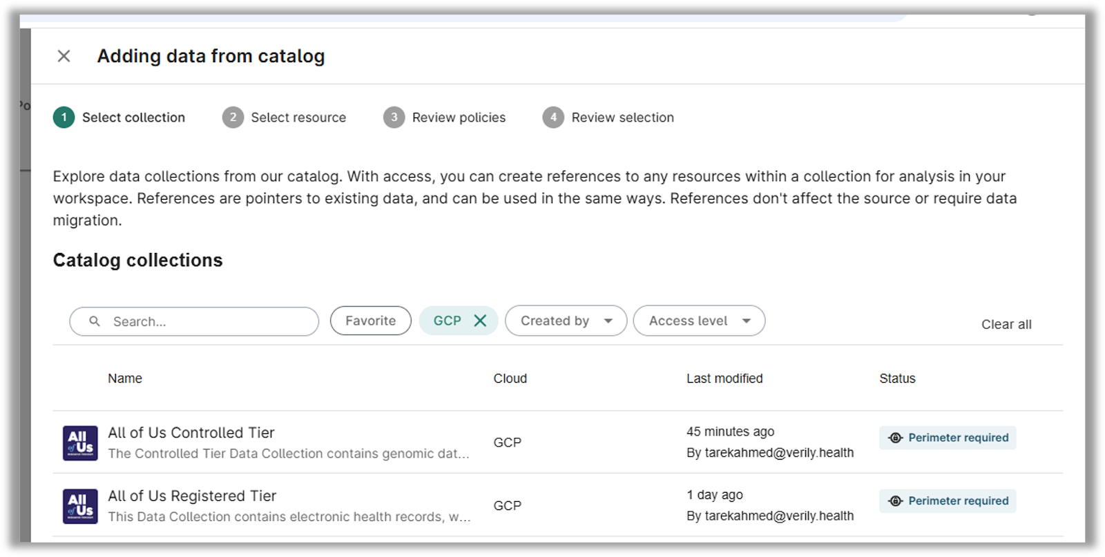 All of Us Controlled Tier and All of Us Registered Tier are the two options under the “Catalog collections” heading